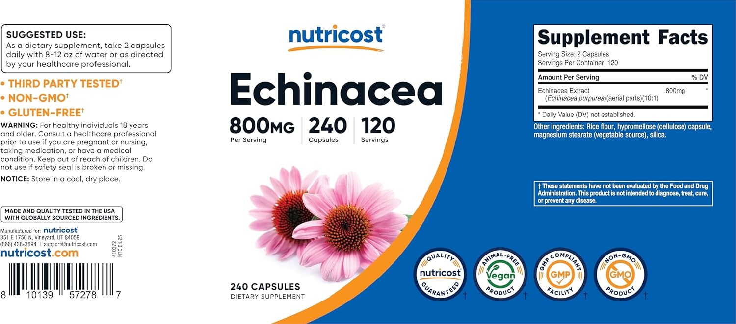image:imageNutricost Echinacea 800mg 240 Capsules 120 Servings GlutenFreeUnflavoured