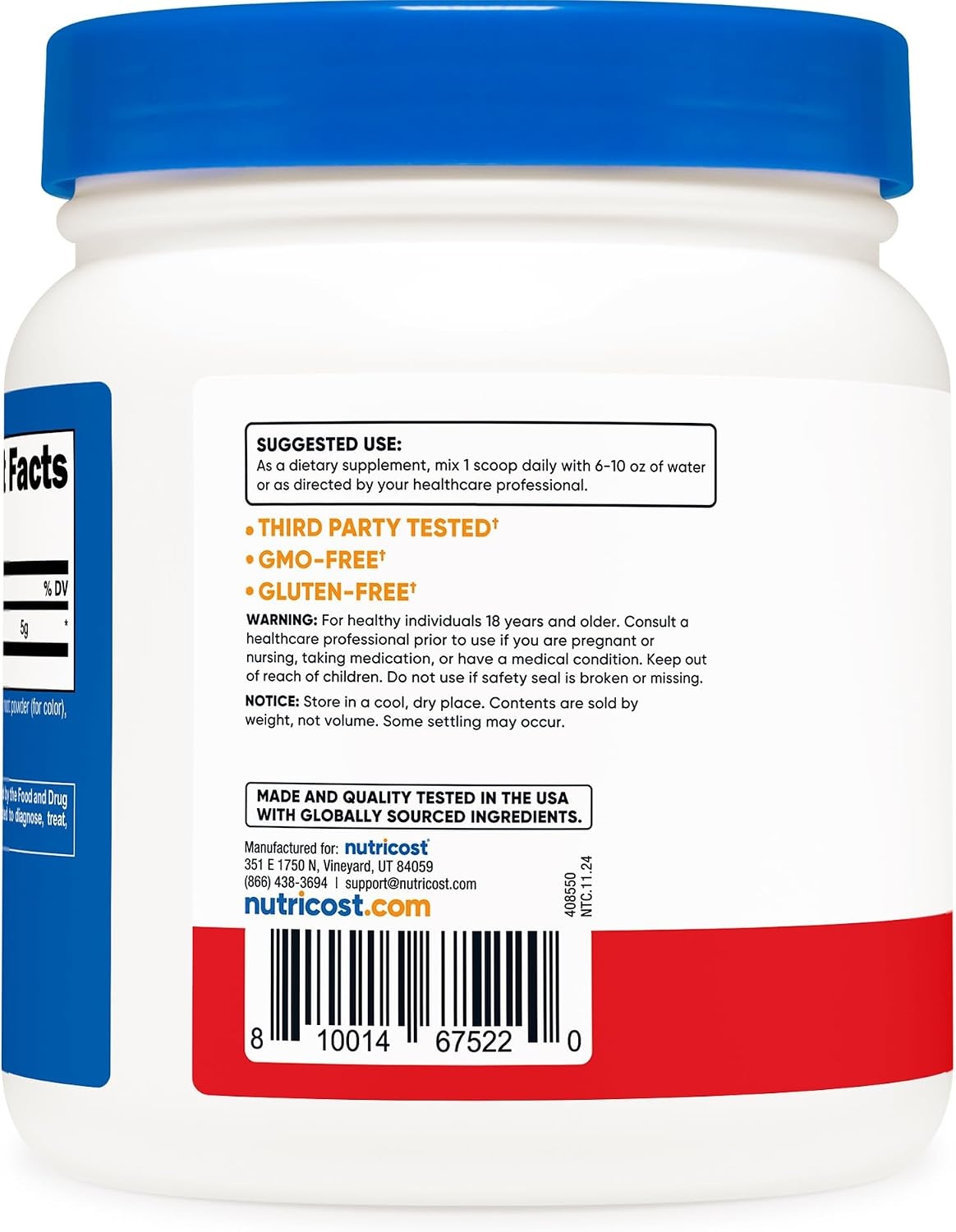 image:imageNutricost LGlutamine Powder 500 Grams Unflavored 100 Servings GMOFreeFruit Punch