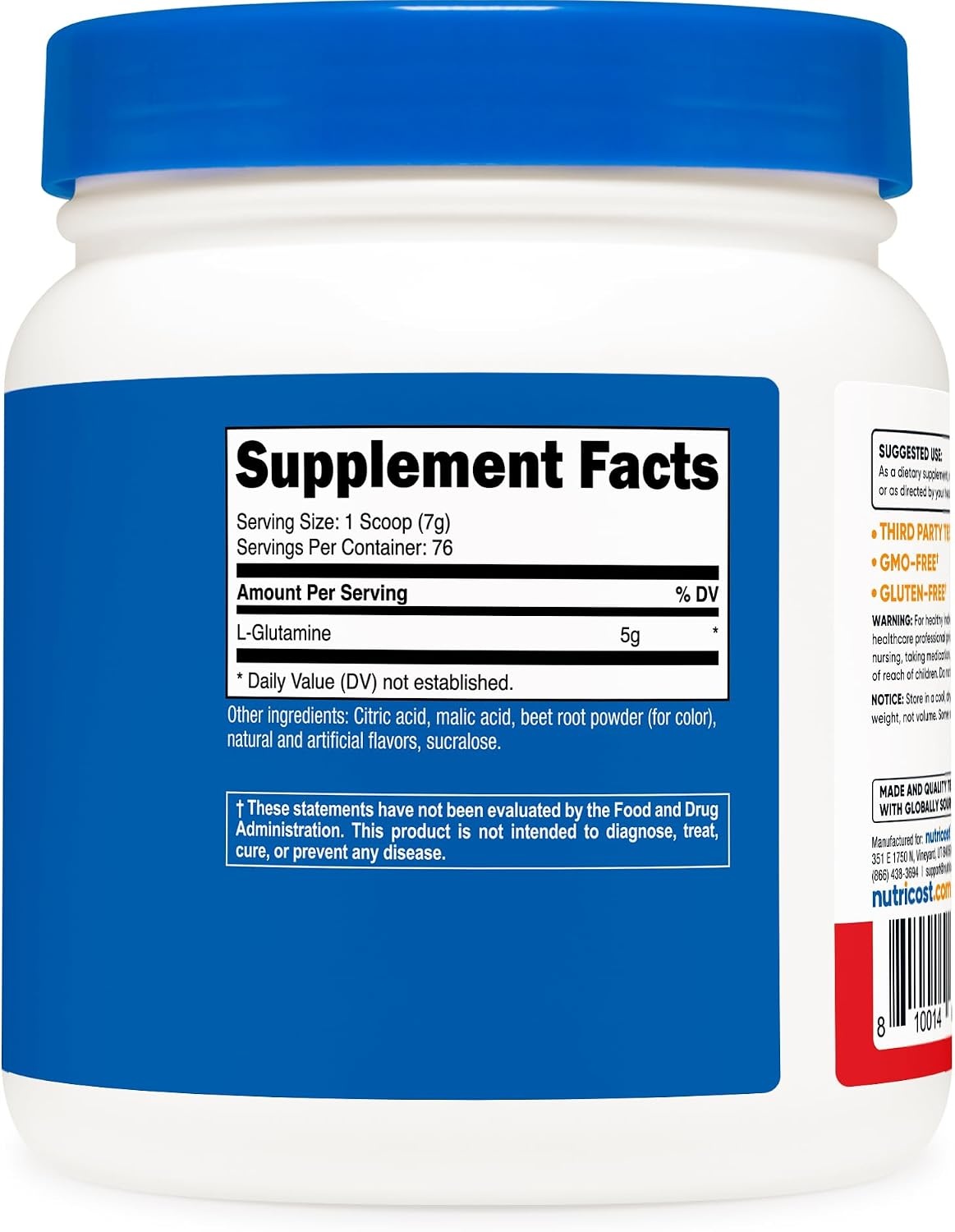 image:imageNutricost LGlutamine Powder 500 Grams Unflavored 100 Servings GMOFreeFruit Punch