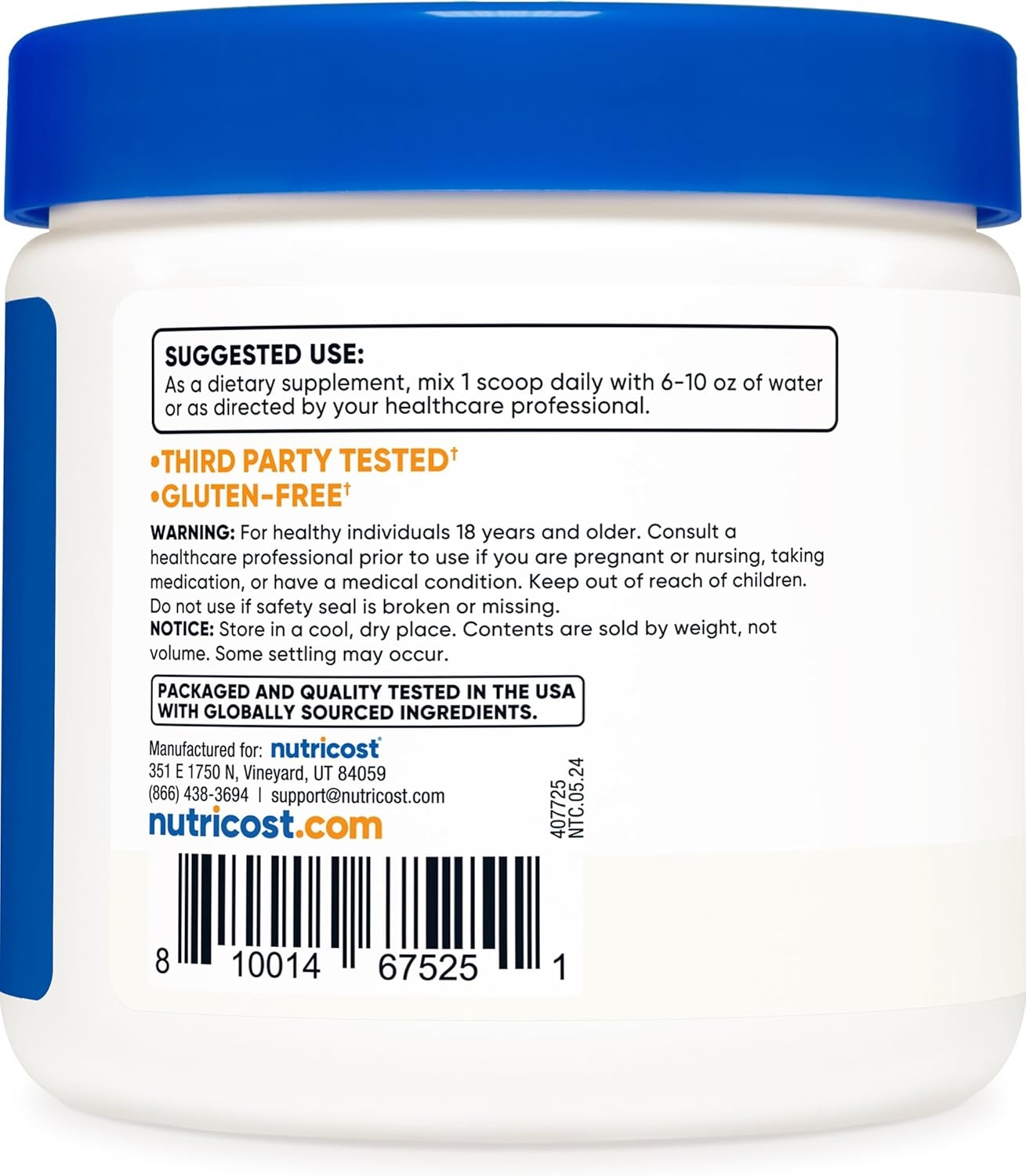 image:imageNutricost LGlutamine Powder 500 Grams Unflavored 100 Servings GMOFreeUnflavored