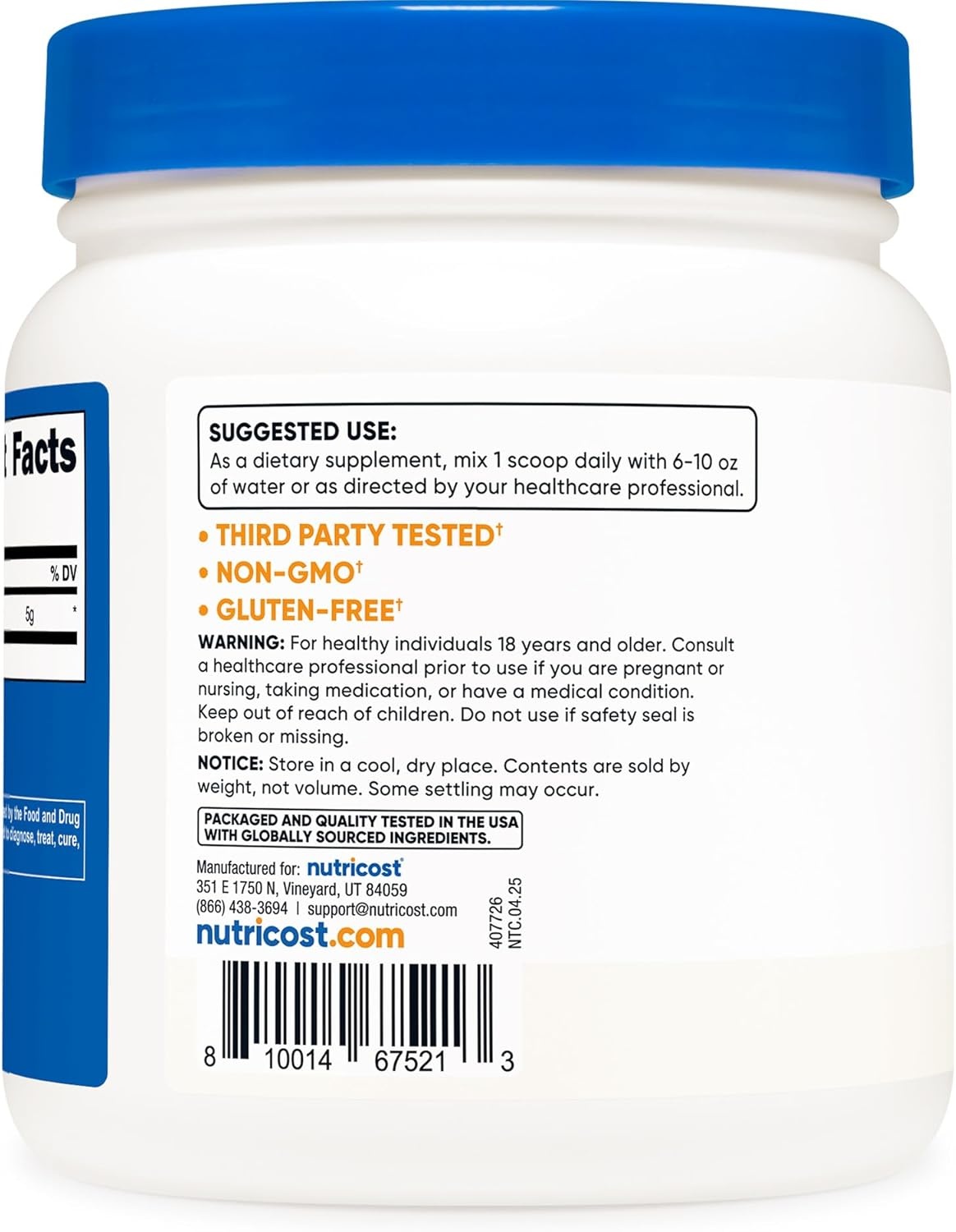 image:imageNutricost LGlutamine Powder 500 Grams Unflavored 100 Servings GMOFreeUnflavored