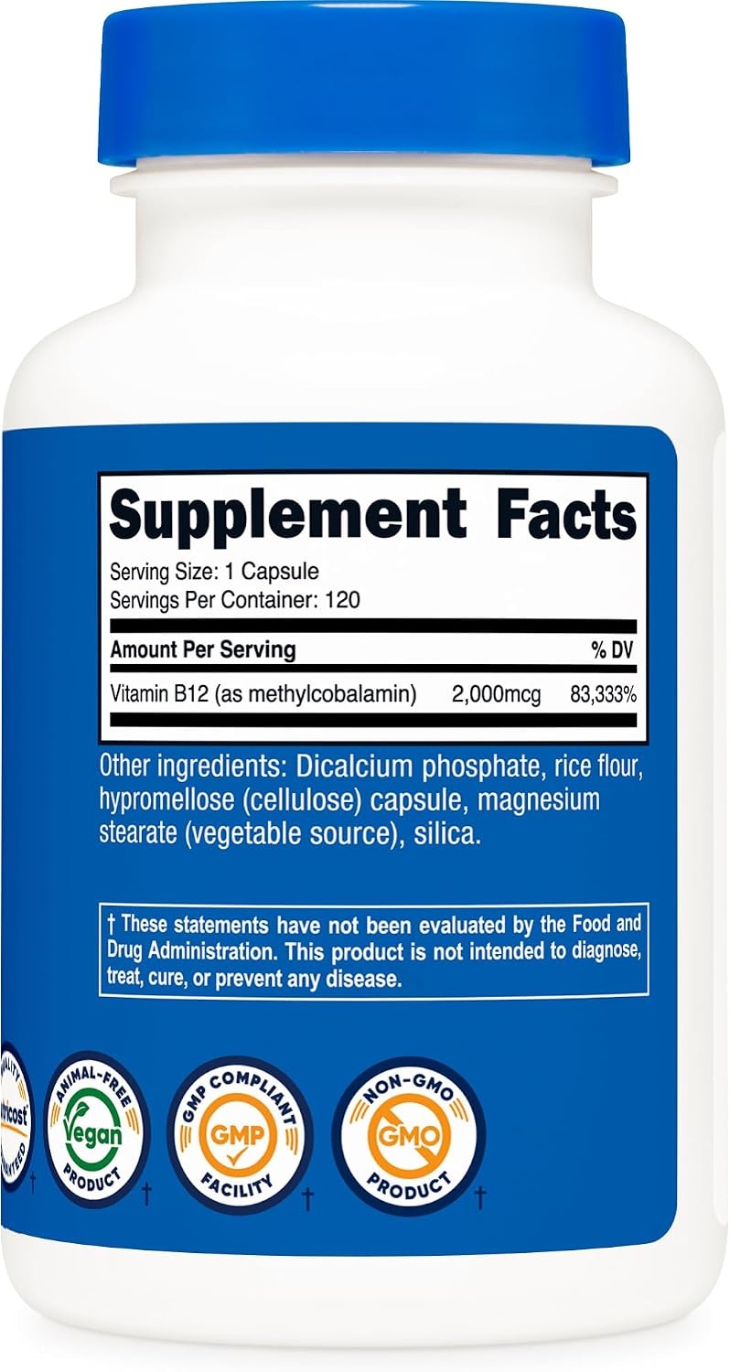 image:imageNutricost Vitamin B12 Methylcobalamin 2000mcg 240 Capsules Gluten Free120 Count Pack of 1