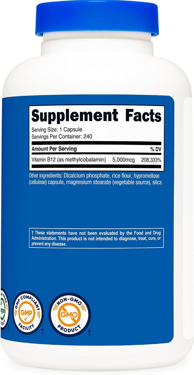image:imageNutricost Vitamin B12 Methylcobalamin 5000mcg 240 Capsules Gluten Free240 Count Pack of 1