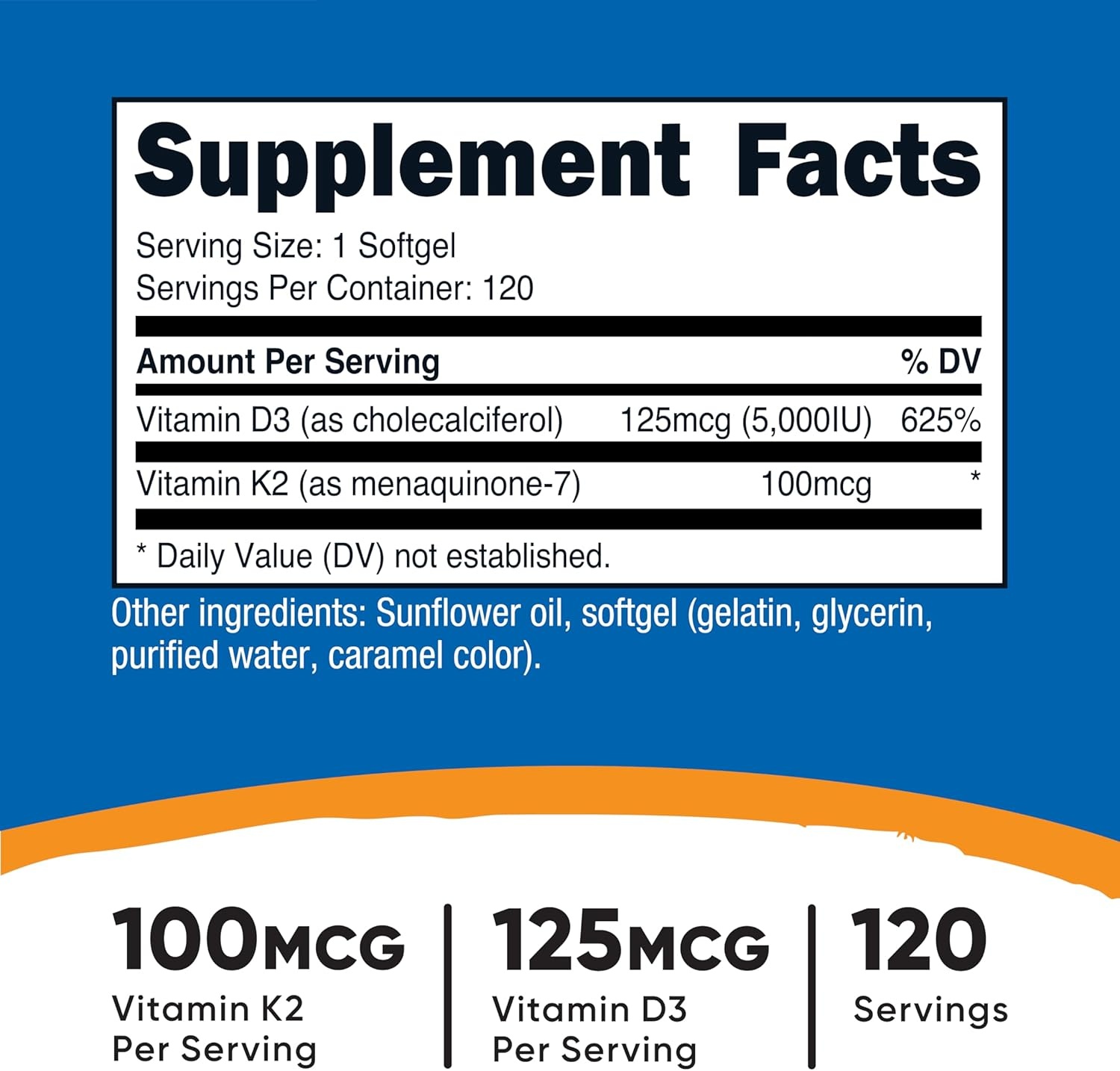image:imageNutricost Vitamin D3 K2 5000 IU D3 100mcg MK7 120 Softgels GMOFree120 Count Pack of 1