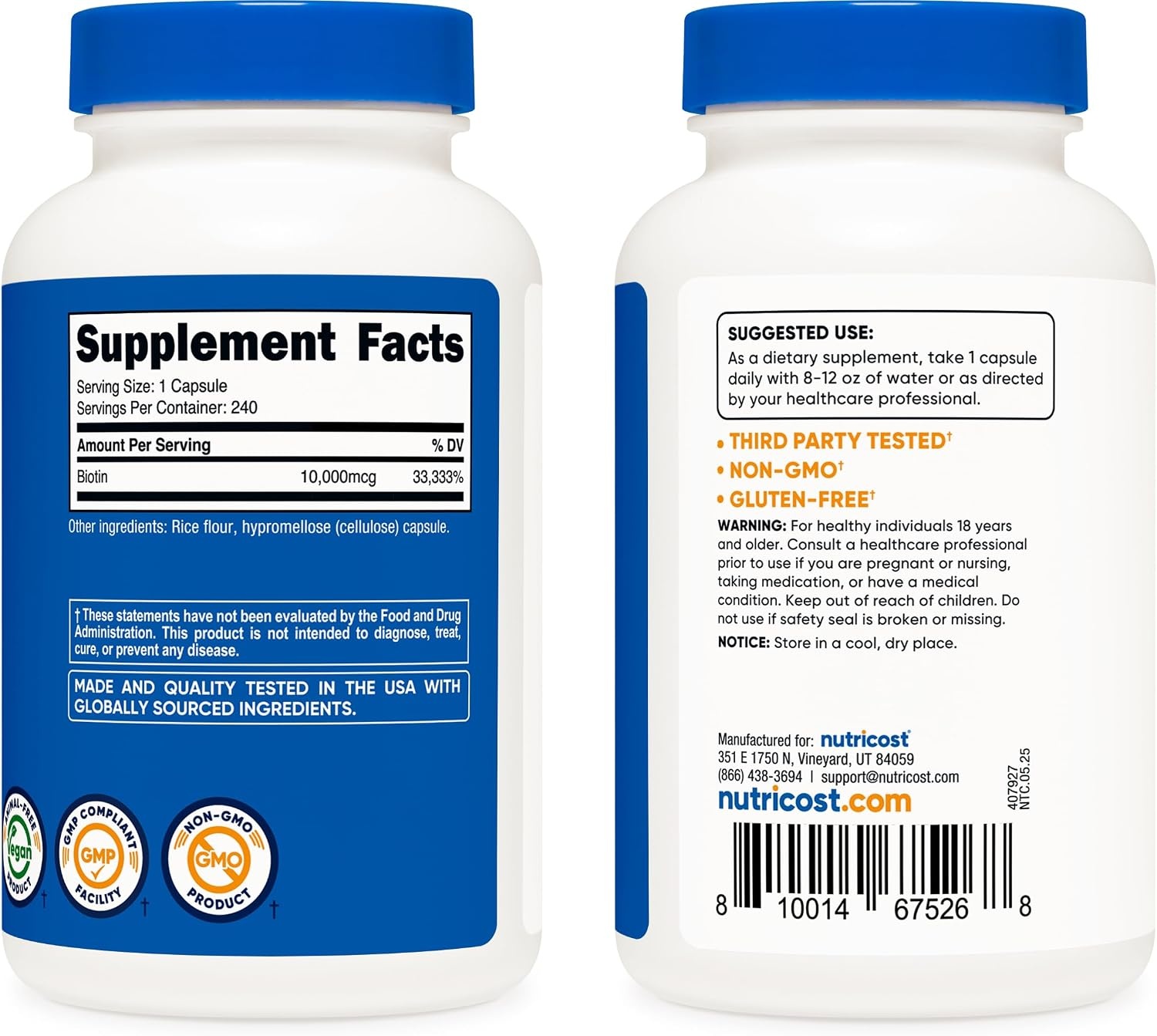 image:imageNutricost Biotin Vitamin B7 10000mcg 10mg 240 Capsules Quick Release240 Capsules
