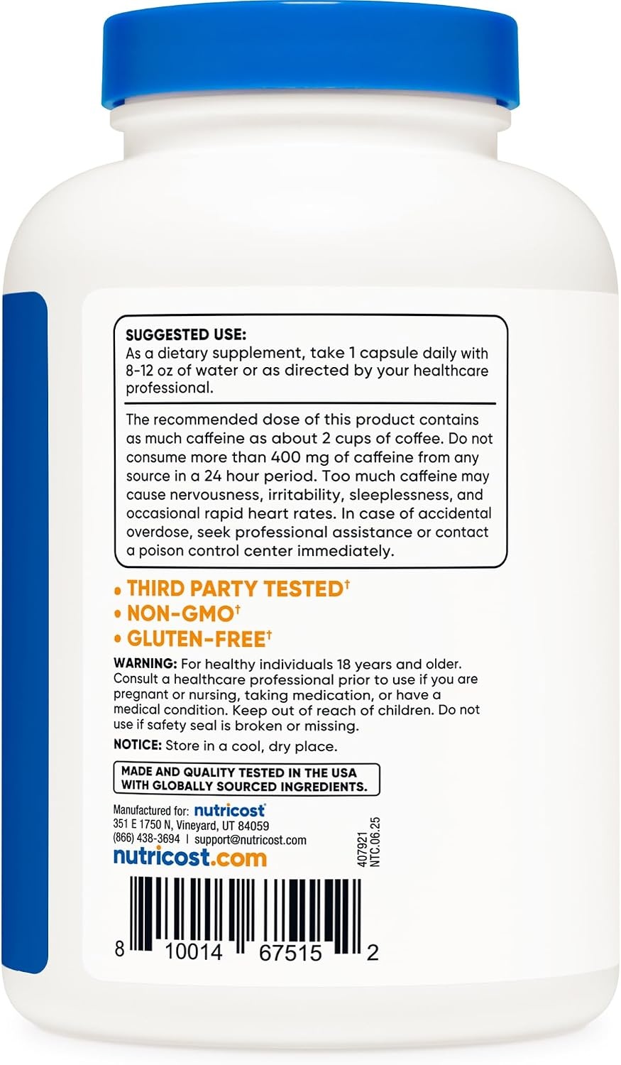 image:imageNutricost Caffeine Pills 200mg 120 Capsules Gluten Free NonGMO2 Count Pack of 500
