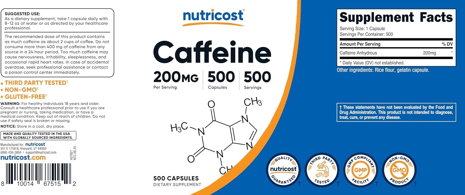 image:imageNutricost Caffeine Pills 200mg 120 Capsules Gluten Free NonGMO2 Count Pack of 500