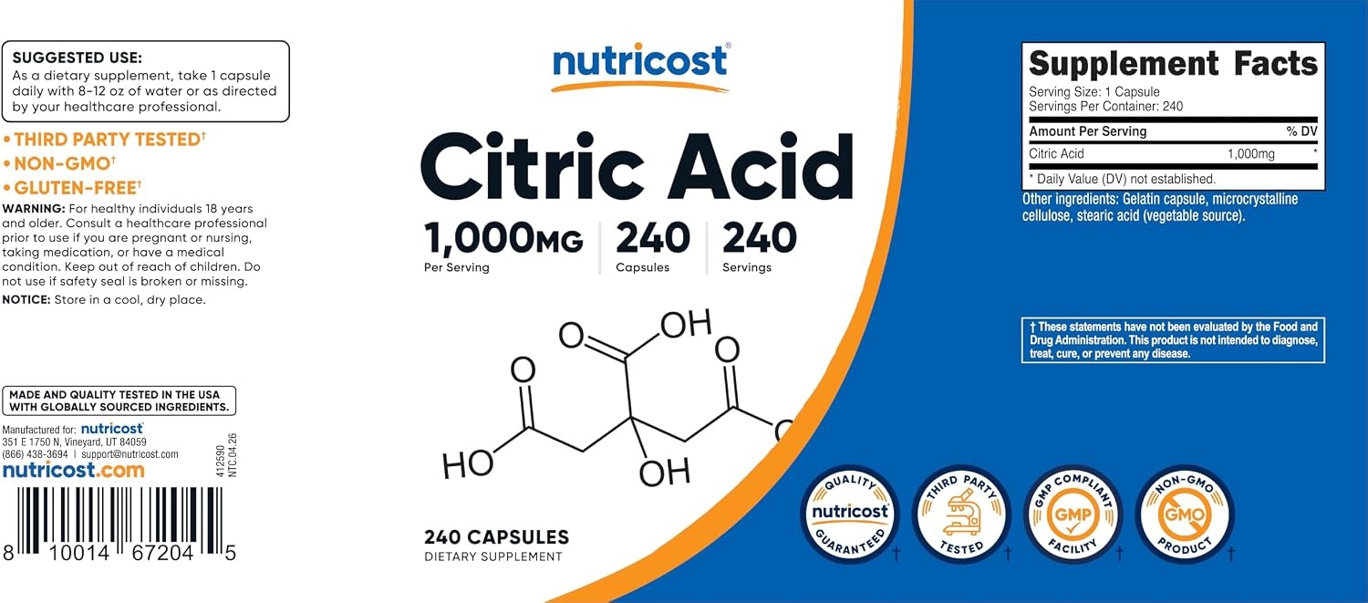 image:imageNutricost Citric Acid 1000mg 1 gram 240 Capsules Gluten Free NonGMO240 Count Pack of 1