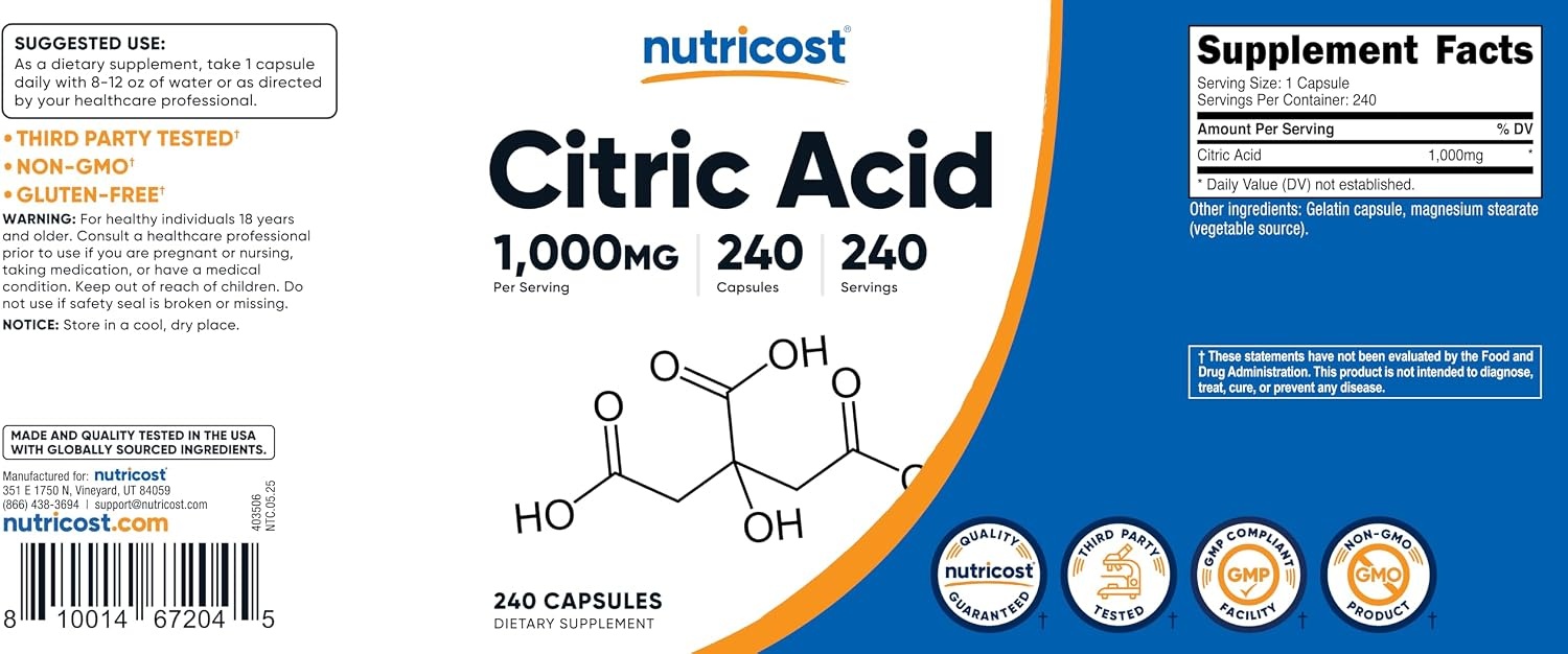 image:imageNutricost Citric Acid 1000mg 1 gram 240 Capsules Gluten Free NonGMO240 Count Pack of 2
