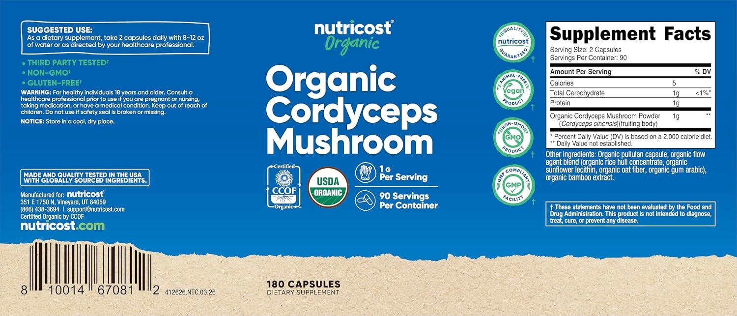 image:imageNutricost Cordyceps Mushroom 1100mg 90 Capsules GlutenFree 45 Servings180 Count Pack of 1