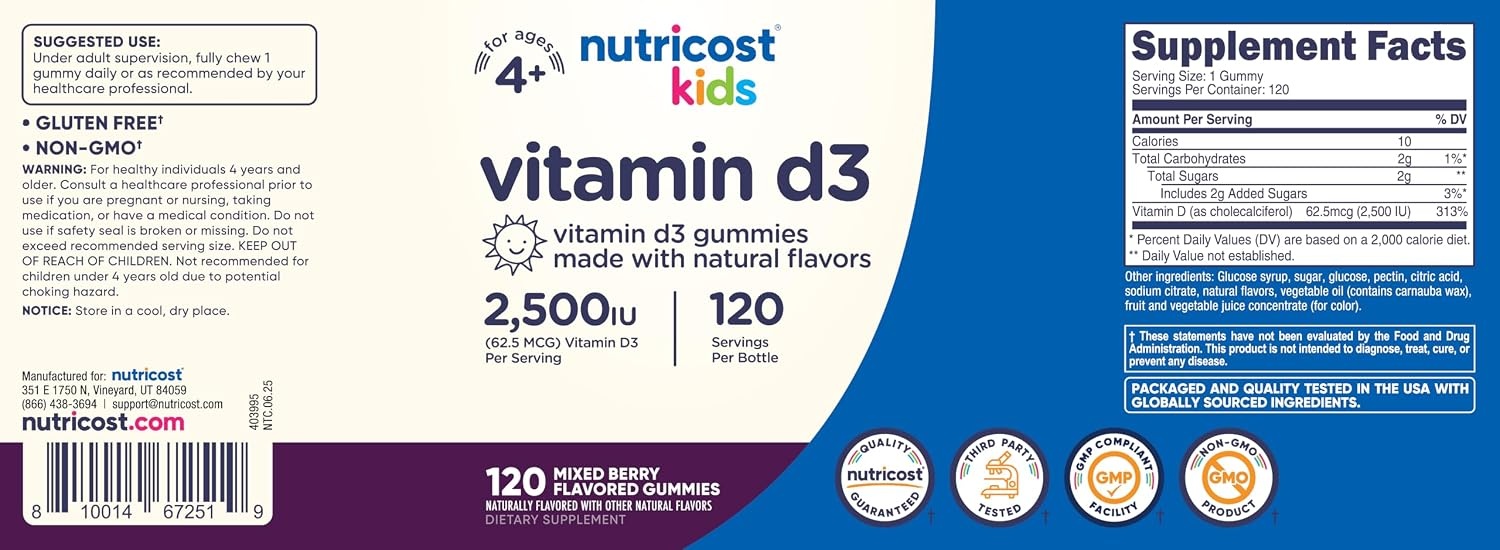 image:imageNutricost Kids Vitamin D3 Gummies 2500 IU 625mcg 120 Gummies
