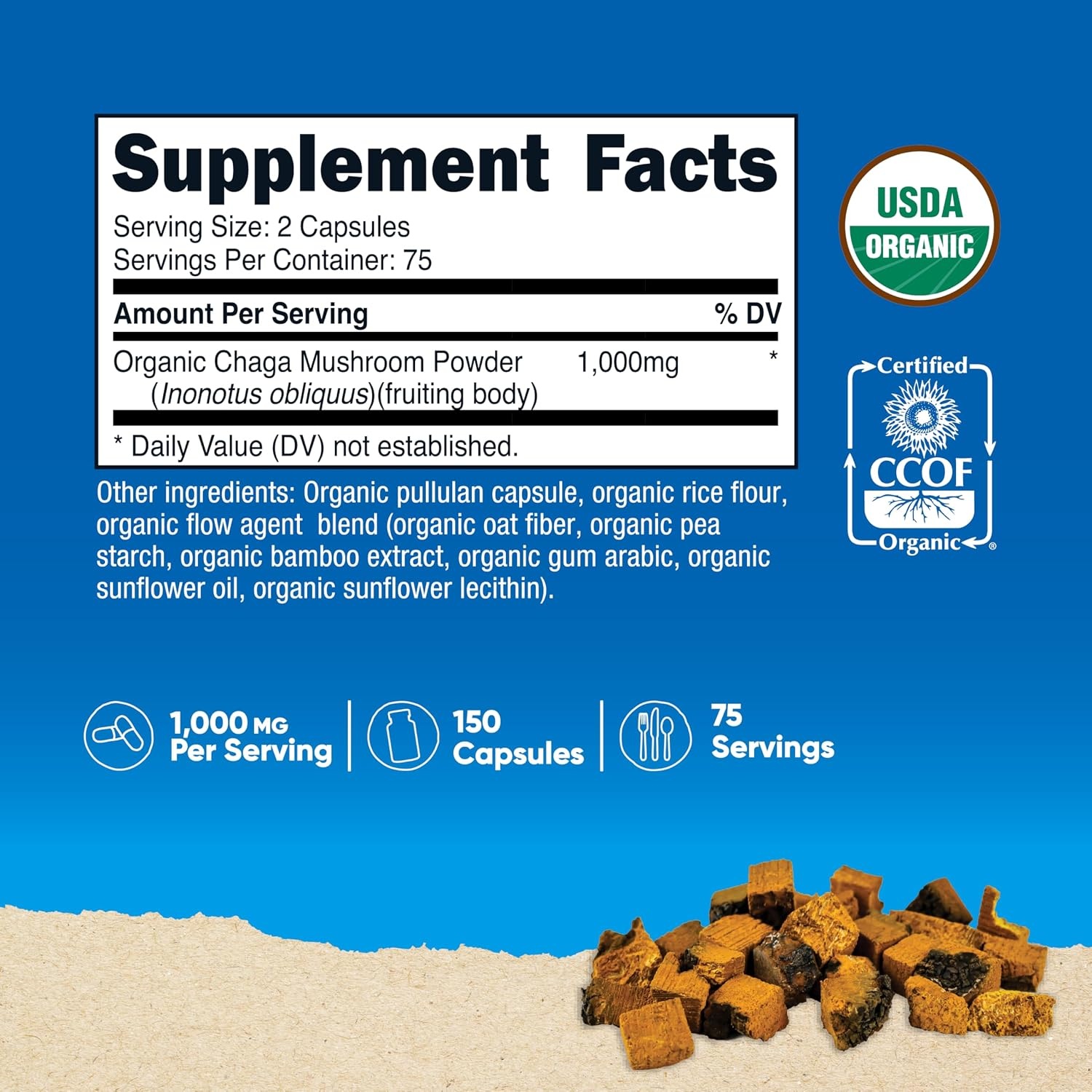 image:imageNutricost Organic Chaga Mushroom 1000mg 150 Capsules Gluten Free