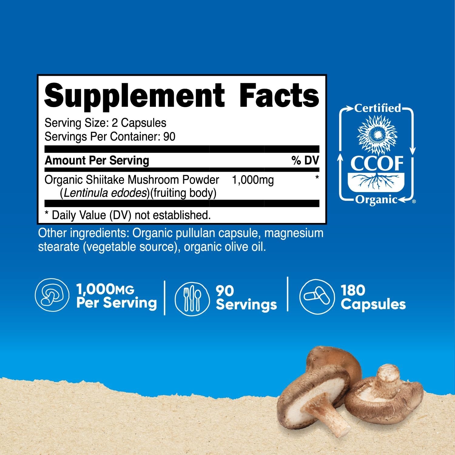 image:imageNutricost Organic Shiitake Mushroom 1000mg 180 Capsules CCOF Certified