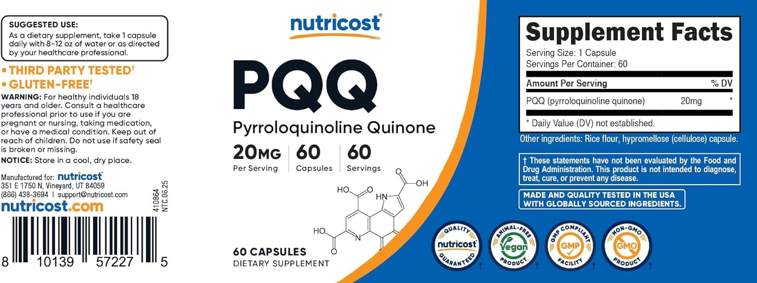 image:imageNutricost PQQ Pyrroloquinoline Quinone 20mg 30 Capsules Vegetarian Capsules NonGMO Gluten Free60 Count Pack of 1