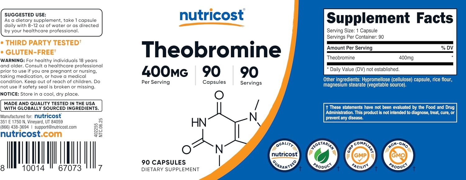 image:imageNutricost Theobromine 400mg 90 Vegetarian Capsules Gluten Free NonGMO